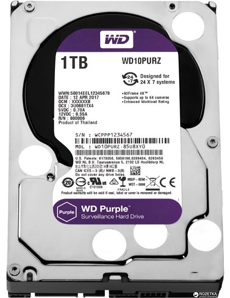 3.5” HDD Western Digital Caviar Purple WD10PURZ/ 1TB/ IntelliPower/ 64MB/ SATAIII