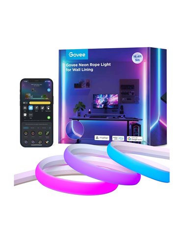 Lumina neon de tip franghie pentru captuseala peretilor GOVEE Neon Rope Light / 5m / Multicolor / Wi-Fi + BT