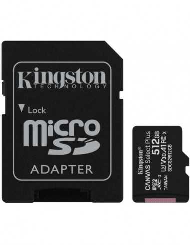 Безопасные цифровые карты микро 512GB microSD Class10 A1 UHS-I U3 (V30) + SD adapter Kingston Canvas Select Plus, 600x, Up to: 