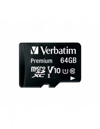 Безопасные цифровые карты микро 64GB microSD Class10 A1 UHS-I + SD adapter Verbatim Premium microSDXC, 600x, Up to: 90MBs