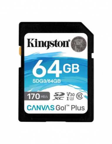 Carduri digitale securizate 64GB SD Class10 UHS-I U3 (V30) Kingston Canvas Go! Plus, Read: 170MBs, Write: 70MBs, Ideal for DSLR