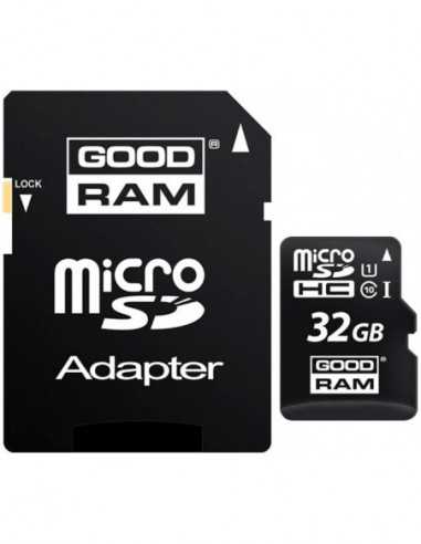 Безопасные цифровые карты микро 32GB microSD Class10 U1 UHS-I + SD adapter Goodram M1AA, 600x, Up to: 90MBs