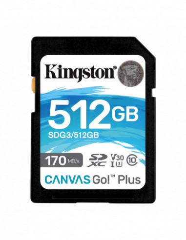 Carduri digitale securizate 512GB SD Class10 UHS-I U3 (V30) Kingston Canvas Go! Plus, Read: 170MBs, Write: 70MBs, Ideal for DSL