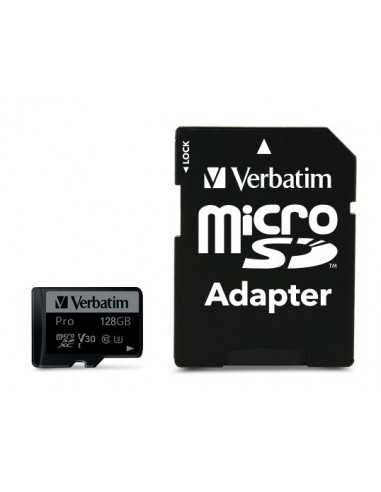 Carduri digitale securizate micro 128GB microSD Class10 U3 UHS-I V30 + SD Adapter Verbatim Pro U3 microSDXC, 600x, Read up to: