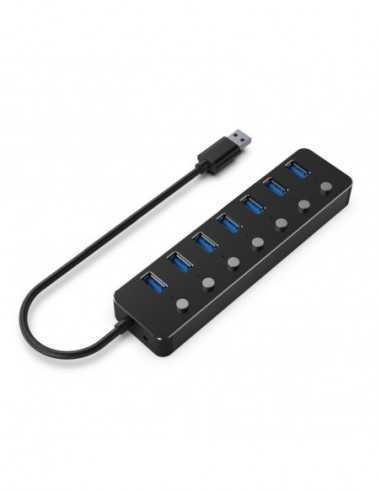 USB-концентраторы USB 3.0 Hub 7-port with switches, Cable 24 cm, Gembird UHB-U3P7P-01, Black