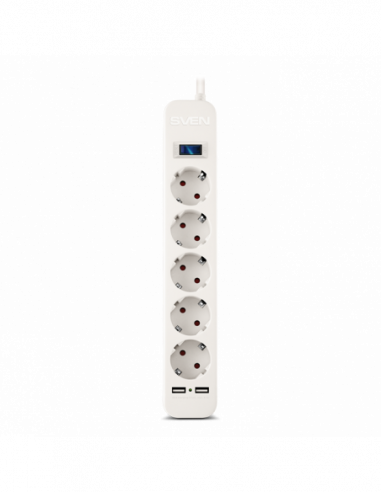 Сетевые фильтры Surge Protector 5 Sockets, 3.0m, Sven SF-05LU, 2 USB ports charging (2.4A), White