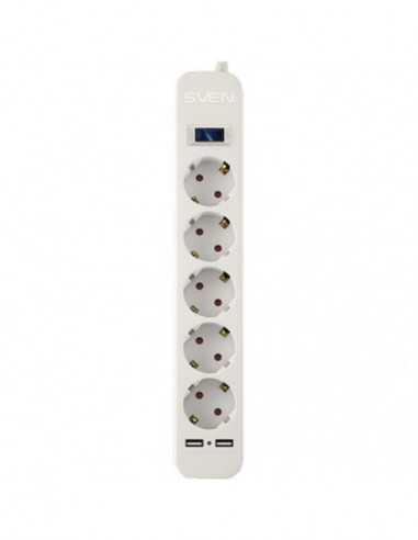 Protectoare de supratensiune Surge Protector 5 Sockets, 1.8m, Sven SF-05LU, 2 USB ports charging (2.4A), White