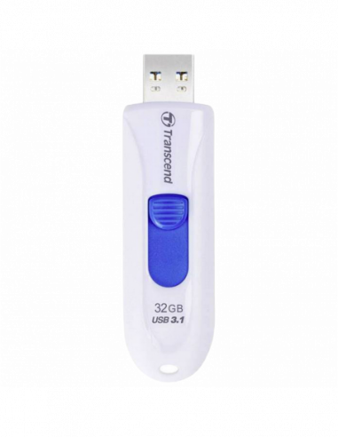 Plastic, fără capac-glisor 32GB USB3.1 Flash Drive Transcend JetFlash 790, White, Slider (RW:9025MBs)
