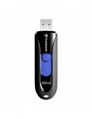 Plastic, fără capac-glisor 256GB USB3.1 Flash Drive Transcend JetFlash 790, Black-Blue, Slider (RW:9040MBs)