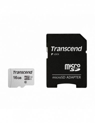 Безопасные цифровые карты микро .16GB MicroSD (Class 10) UHS-I (U1) +SD adapter, Transcend TS16GUSD300S-A (RW:9545MBs)