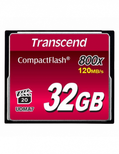 Компактные флэш-карты .32GB CompactFlash Card, Hi-Speed 800X, Transcend TS32GCF800 (RW: 12060MBs)
