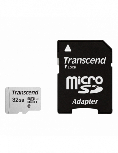 Безопасные цифровые карты микро .32GB MicroSD (Class 10) UHS-I (U1) +SD adapter, Transcend TS32GUSD300S-A (RW:9545MBs)