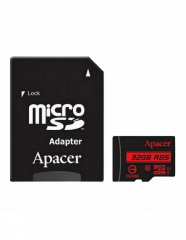Безопасные цифровые карты микро . 32GB MicroSD (Class 10) UHS-I (U1) +SD adapter, Apacer AP32GMCSH10U5-R (RW:8520MBs)