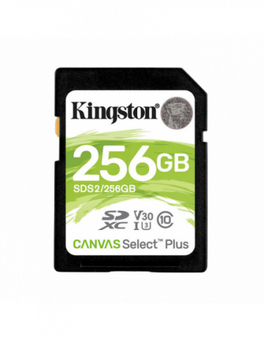 Безопасные цифровые карты 256GB SDXC Card (Class 10) UHS-I , U3, Kingston Canvas Select Plus SDS2256GB (RW:10085MBs)
