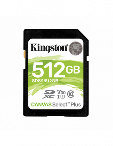 Безопасные цифровые карты 512GB SDXC Card (Class 10) UHS-I , U3, Kingston Canvas Select Plus SDS2512GB (RW:10085MBs)