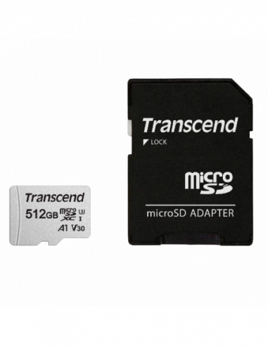 Carduri digitale securizate micro 512GB MicroSD (Class 10) UHS-I (U3) +SD adapter, Transcend TS512GUSD300S (RW:9545MBs)