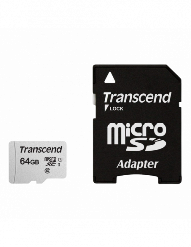 Безопасные цифровые карты микро .64GB MicroSD (Class 10) UHS-I (U1) +SD adapter, Transcend TS64GUSD300S-A (RW:9545MBs)