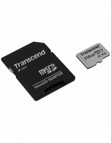 Безопасные цифровые карты микро 256GB MicroSD (Class 10) UHS-I (U3)+SD adapter, Transcend TS256GUSD300S (RW:9540MBs)