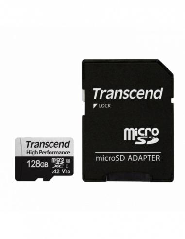 Безопасные цифровые карты микро 128GB MicroSD (Class 10) UHS-I (U3),+SD adapter, Transcend TS128GUSD340S (V30, A2, RW:160125MBs)