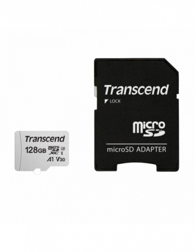 Безопасные цифровые карты микро 128GB MicroSD (Class 10) UHS-I (U3) +SD adapter, Transcend TS128GUSD300S (RW:9545MBs)