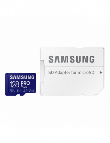 Carduri digitale securizate micro 128GB MicroSD (Class 10) UHS-I (U3) +SD adapter, Samsung PRO Plus MB-MD128SA (RW:180130MBs)