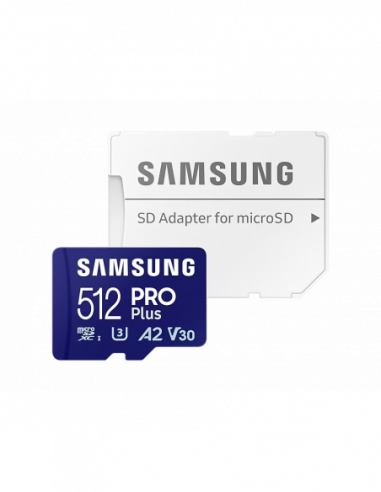Carduri digitale securizate micro 512GB MicroSD (Class 10) UHS-I (U3) +SD adapter, Samsung PRO Plus MB-MD512SA (RW:180130MBs)