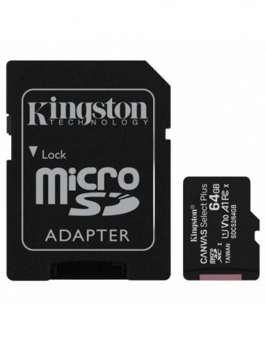 Безопасные цифровые карты микро .64GB MicroSD (Class 10) UHS-I (U1) +SD adapter, Kingston Canvas Select+ SDCS264GB (R:100MBs)