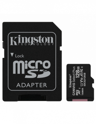 Безопасные цифровые карты микро 128GB MicroSD (Class 10) UHS-I (U1) +SD adapter, Kingston Canvas Select PlusSDCS2128GB(R:100MBs)