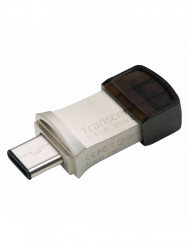 Pentru dispozitive Android-Apple iOS 64GB USB3.1Type-C Flash Drive Transcend JetFlash 890, Silver, Metal Case, OTG (RW:9030MBs)