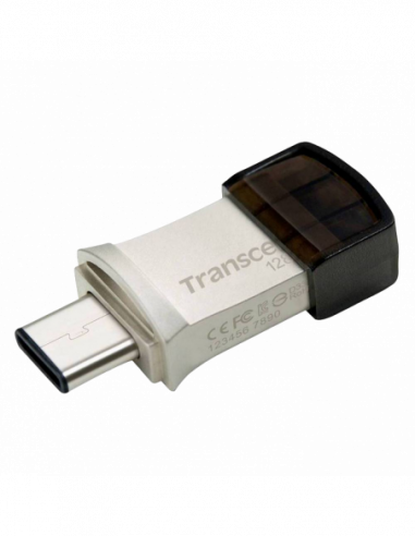 Для устройств Android/Apple iOS 128GB USB3.1Type-C Flash Drive Transcend JetFlash 890, Silver, Metal Case, OTG (RW:13030MBs)
