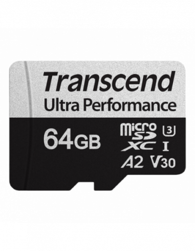 Безопасные цифровые карты микро .64GB MicroSD (Class 10) UHS-I (U3),+SD adapter, Transcend TS64GUSD340S (V30, A2, RW:16080MBs)