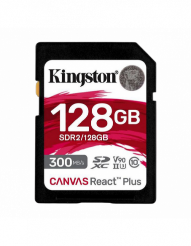 Безопасные цифровые карты 128GB SDXC Card (Class 10) UHS-II , U3, Kingston Canvas React Plus SDR2128GB (RW:300260MBs)