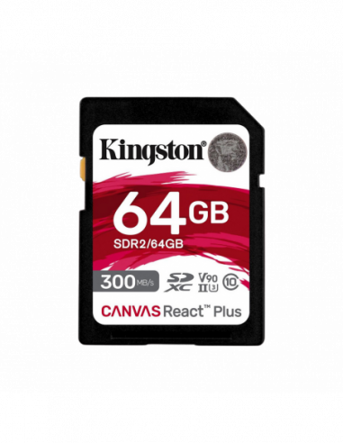 Безопасные цифровые карты ..64GB SDXC Card (Class 10) UHS-II , U3, Kingston Canvas React Plus SDR264GB (RW:300260MBs)