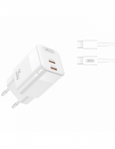 Зарядные устройства портативные Wall Charger XO + Type C cable, GaN 2Type-C PD35W, CE07, White