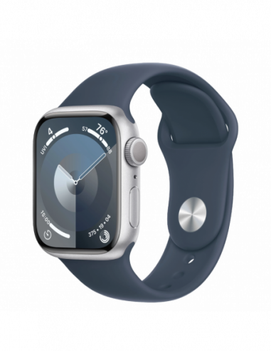 Dispozitive purtabile Apple Apple Watch Series 9 GPS, 41mm Silver Aluminium Case with Storm Blue Sport Band - SM,Model MR903