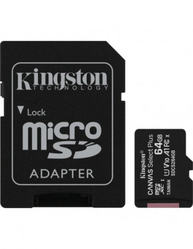 Безопасные цифровые карты микро 64GB microSD Class10 A1 UHS-I U1 (V10) + SD adapter Kingston Canvas Select Plus- 600x- Up to: 1