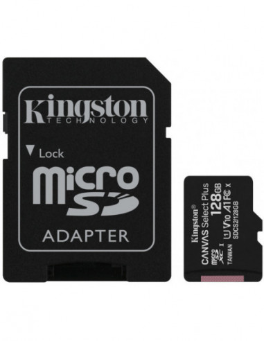 Безопасные цифровые карты микро 128GB microSD Class10 A1 UHS-I U1 (V10) + SD adapter Kingston Canvas Select Plus- 600x- Up to: 