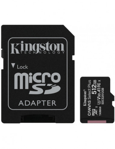 Безопасные цифровые карты микро 512GB microSD Class10 A1 UHS-I U3 (V30) + SD adapter Kingston Canvas Select Plus- 600x- Up to: 