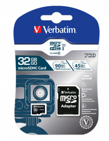 Carduri digitale securizate micro 64GB microSD Class10 U3 UHS-I V30 + SD Adapter Verbatim Pro U3 microSDXC- 600x- Read up to: 9