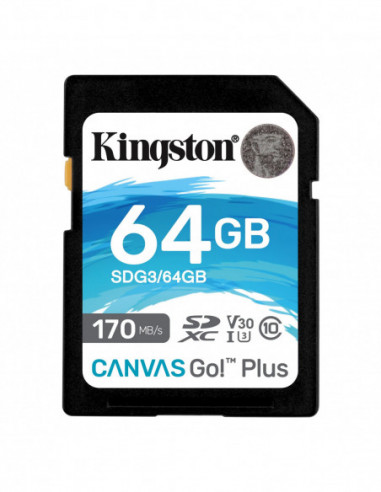 Безопасные цифровые карты 64GB SD Class10 UHS-I U3 (V30) Kingston Canvas Go! Plus- Read: 170MBs- Write: 70MBs- Ideal for DSLRsD
