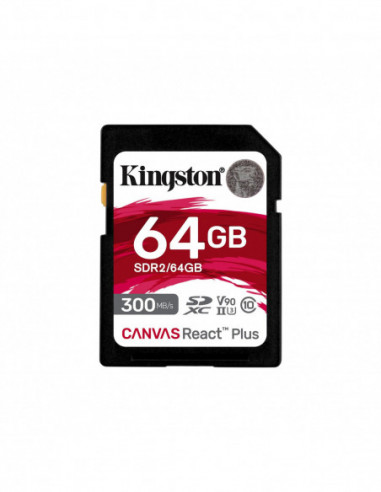 Безопасные цифровые карты 64GB SD Class10 UHS-II U3 (V90) Kingston Canvas React Plus- Ultimate- Read: 300Mbs- Write: 260Mbs- C