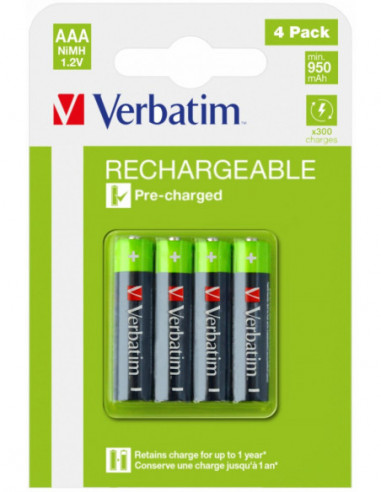Аккумуляторы Verbatim Rechargeable Battery AAA HR03 950 mAh- 4 Pack