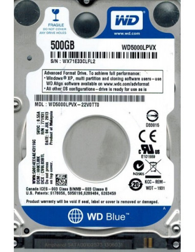 Unitate de stocare HDD 3.5 pentru desktop 2.5 HDD 500GB Western Digital WD5000LPVX- Blue- 5400rpm- 8MB- 7mm- SATAIII- NP