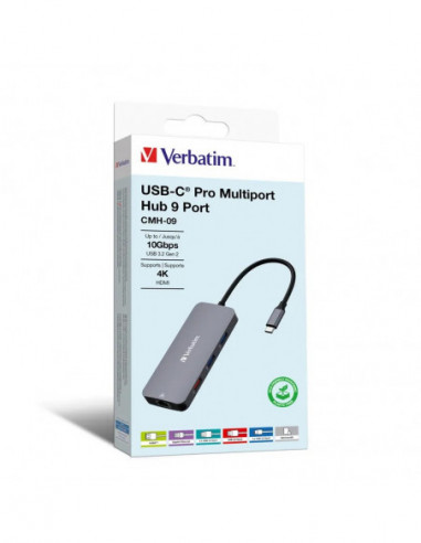 Cuplare și conectare Verbatim 9-in-1 USB-C Pro Multiport Hub CMH-09- 2x USB 3.2-A (Gen 1)- 1x UB3.2-A (Gen 2)- 2x USB 3.2-C (Gen