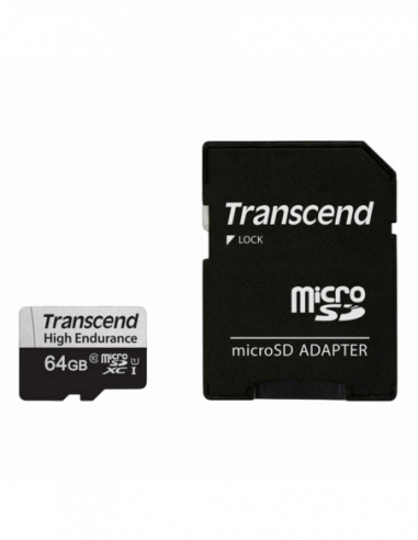 Carduri digitale securizate micro .64GB MicroSD (Class 10) UHS-I (U1)-+SD adapter- Transcend TS64GUSD350V (RW:9545MBs- Endurance