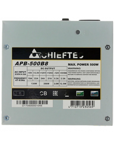 Блок питания для компьютеров Chieftec APB-500B8, 500Вт, ATX, Немодульный
