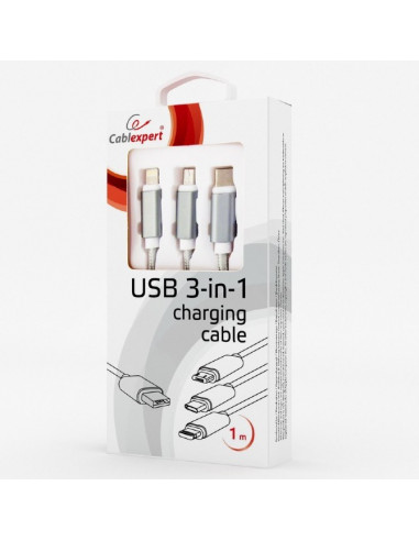 Кабель для зарядки и синхронизации Cablexpert CC-USB2-AM31-1M-S, USB Type-A/Micro USB, Type-C, Lighting, 1м, Серебристый