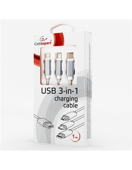 Кабель для зарядки и синхронизации Cablexpert CC-USB2-AM31-1M-S, USB Type-A/Micro USB, Type-C, Lighting, 1м, Серебристый