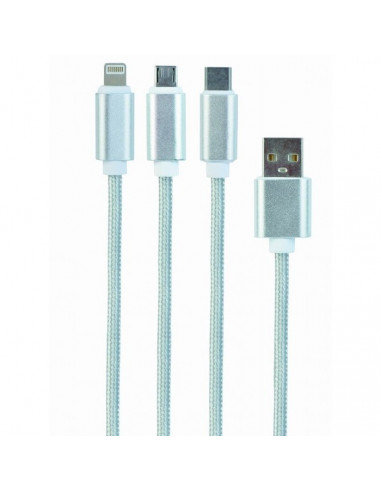 Кабель для зарядки и синхронизации Cablexpert CC-USB2-AM31-1M-S, USB Type-A/Micro USB, Type-C, Lighting, 1м, Серебристый