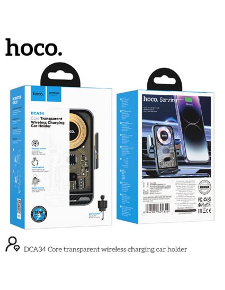 Автомобильный держательHOCO DCA34, Core transparent wireless charging car holder, Output: up to 15W, USB-C, Material: Magnesi...